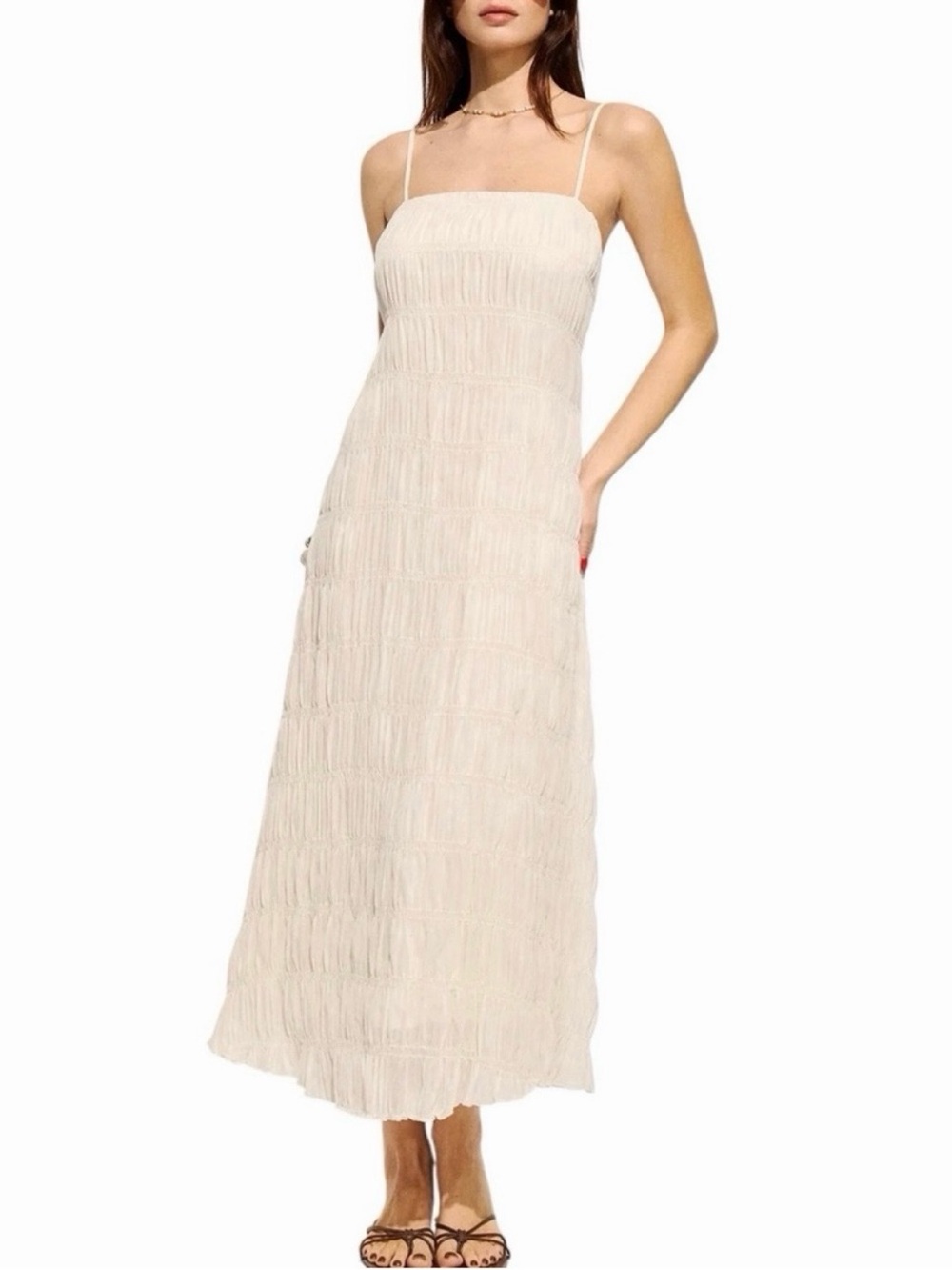 Commense Smocked Apricot Cream Tie Back Maxi Dress Large NWT